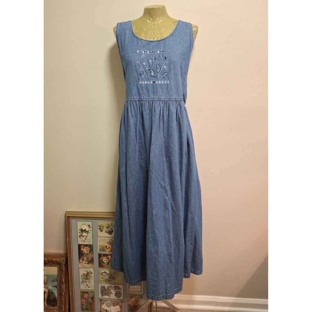 Vintage Blue Denim Cotton Cottagecore Maxi Dress Embroidered Tie Waist Medium
